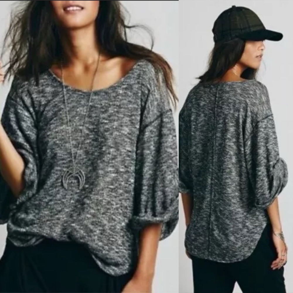 Free People Beach Nani Marled Knit Sweater XS Heather Gray Rolled Sleeve Slouchy